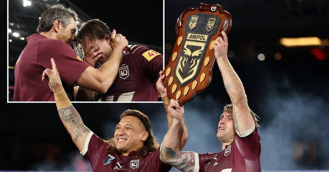 Josh Papali'i lifts the Origin shield with Maroons skipper Cameron Munster, and inset, the captain with Queensland coach Billy Slater. Pictures Getty Images