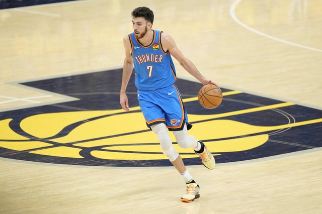 Jun 13, 2025; Indianapolis, Indiana, USA; Oklahoma City Thunder forward Chet Holmgren (7) dribbles the ball against the Indiana Pacers during the first half during game four of the 2025 NBA Finals at Gainbridge Fieldhouse. Mandatory Credit: Kyle Terada-Imagn Images/File Photo