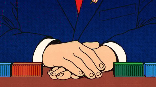 Illustration of a person in a blue suit with a red tie, seated at a red table with hands clasped together. In front of the person are colored shipping containers