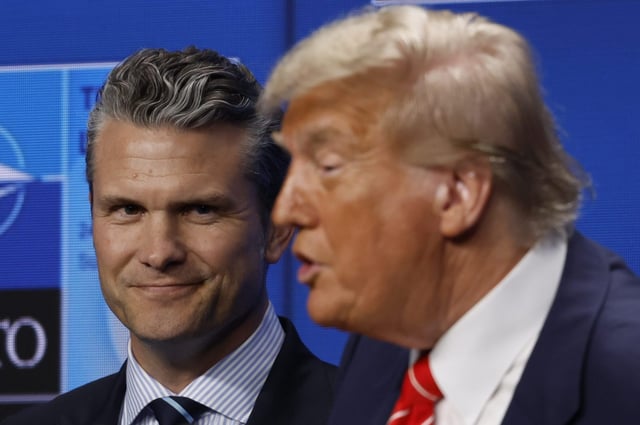 THE HAGUE, NETHERLANDS - JUNE 25: US President Donald Trump (R) during a news conference with Pete Hegseth, US secretary of defense on the second day of the 2025 NATO Summit on June 25, 2025 in The Hague, Netherlands. Among other matters, members are to approve a new defense investment plan that raises the target for defense spending to 5% of GDP. (Photo by Omar Havana/Getty Images)