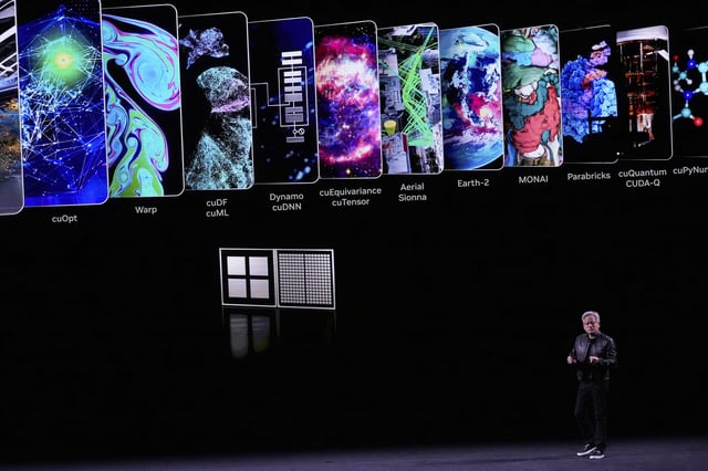 NVIDIA CEO Jensen Huang delivers his keynote address Wednesday, June 11, 2025 at the Vivatech fair in Paris. (AP Photo/Michel Euler)