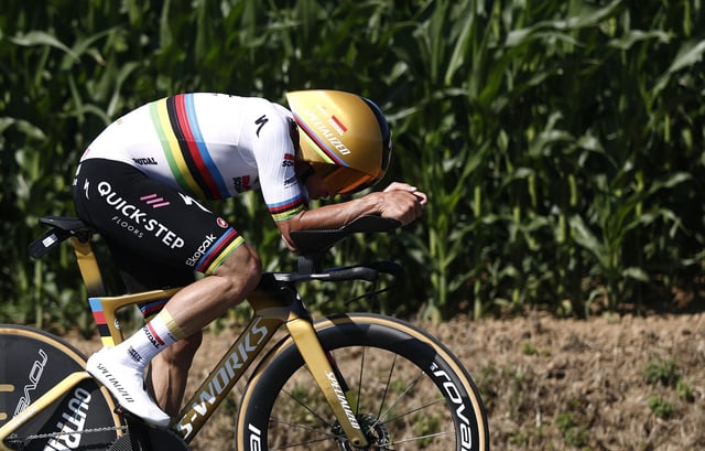 Cycling - Tour de France - Stage 5 - Caen to Caen - Caen, France - July 9, 2025 Soudal Quick-Step's Remco Evenepoel in action during the stage 5 time trial REUTERS/Benoit Tessier