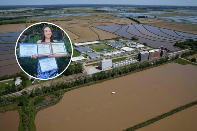 (L): A photo of Sara Lizeth Lopez Garcia from the GoFundMe page set up on her behalf. (R): The South Louisiana ICE Processing Center is seen in this aerial photo in Basile, La., Tuesday, April 8, 2025.