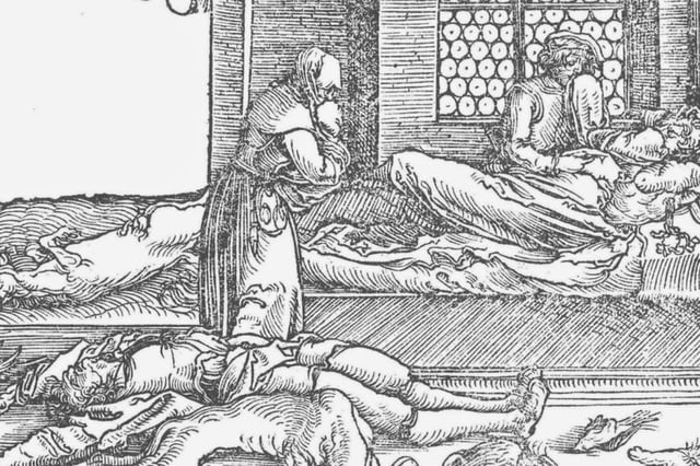 Woodcut of dying plague patients from 1532