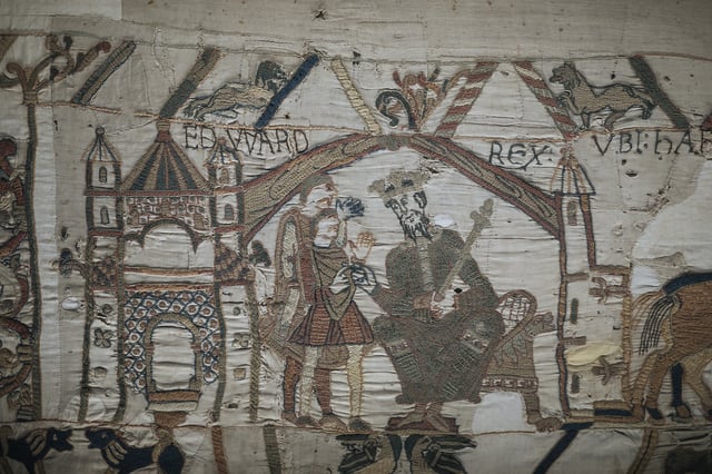 FILE - This file photo taken, Sept. 18, 2019 shows a detail of the 11th century Bayeux tapestry chronicling the Norman conquest of England, in Bayeux, Normandy, France. (AP Photo/Kamil Zihnioglu, File)