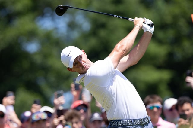 Jun 22, 2025; Cromwell, Connecticut, USA; Rory McIlroy plays his shot from the first tee during the final round of the Travelers Championship golf tournament. Mandatory Credit: Bill Streicher-Imagn Images/File Photo