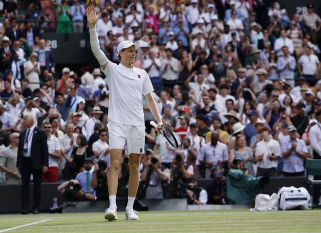 Tennis - Wimbledon - All England Lawn Tennis and Croquet Club, London, Britain - July 9, 2025 Italy's Jannik Sinner celebrates after winning his quarter final match against Ben Shelton of the U.S. REUTERS/Stephanie Lecocq