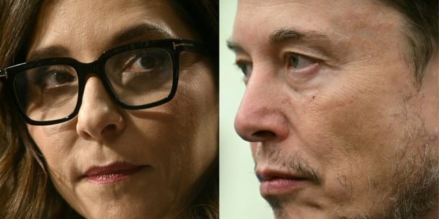 Linda Yaccarino, ancienne PDG de X, à Washington, le 31 janvier 2024, et Elon Musk, à Washington, le 21 mai 2025