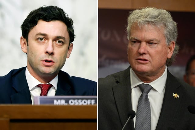 Senator Jon Ossoff, a Georgia Democrat, speaks during a Senate Judiciary hearing on September 13, 2022 in Washington, D.C. Representative Mike Collins, a Georgia Republican, speaks during a press conference in Washington, D.C. on Janaury 9, 2025.