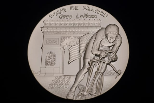 The Congressional Gold Medal, which was presented to three-time Tour de France winner Greg LeMond, during a ceremony at the Capitol, Wednesday, July 9, 2025, in Washington. (AP Photo/Rod Lamkey, Jr.)