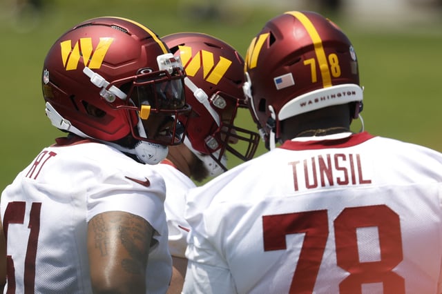 Jun 10, 2025; Ashburn, VA, USA; Washington Commanders offensive linemen stand on the field between drills on day one of minicamp at Commanders Park. Mandatory Credit: Geoff Burke-Imagn Images/File Photo