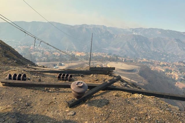 Damaged power equipment operated by the Los Angeles Department of Water and Power, pictured Jan. 8, 2025. The image was submitted in a lawsuit filed by fire victims against the city agency. 