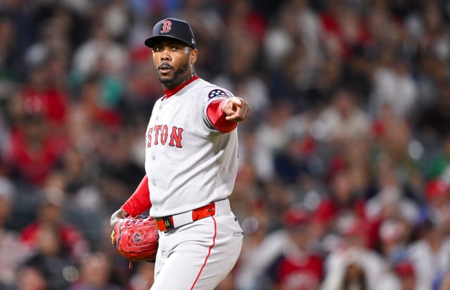 ANAHEIM, CALIFORNIA - JUNE 24: Aroldis Chapman #44 of Boston Red Sox throws in the bottom of the ninth inning during the game against the Los Angeles Angels at Angel Stadium of Anaheim on June 24, 2025 in Anaheim, California.