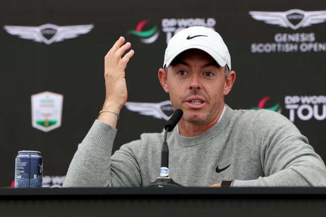 Rory McIlroy of Northern Ireland talks to the media during a press conference prior to the Genesis Scottish Open 2025 at The Renaissance Club on July 09, 2025 in North Berwick, Scotland.