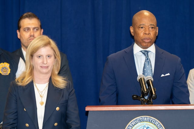 District Attorney Eric Gonzalez was joined by Mayor Eric Adams and NYPD Commissioner Jessica Tisch at his Brooklyn Office to announce the arrest of several members of the Road To Riches Gang, (R2R), and the seizure of several guns in Brooklyn on Thursday July 3, 2025. 0936. (Theodore Parisienne / New York Daily News)