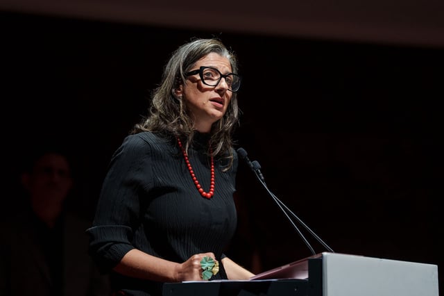 Francesca Albanese speaks during the gala of the Publico 2025 Awards at CaixaForum Madrid on June 25 in Madrid, Spain.
