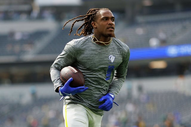 San Francisco 49ers wide receiver Demarcus Robinson, formerly of the Los Angeles Rams, warms up before an NFL football game against the Green Bay Packers at SoFi Stadium on October 6, 2024 in Inglewood.