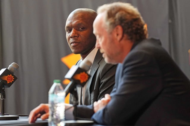 May 17, 2024; Phoenix, AZ, USA; Mike Budenholzer speaks alongside General Manager James Jones during a press conference to announce his job as head coach of the Phoenix Suns. Mandatory Credit: Joe Camporeale-USA TODAY Sports/File Photo