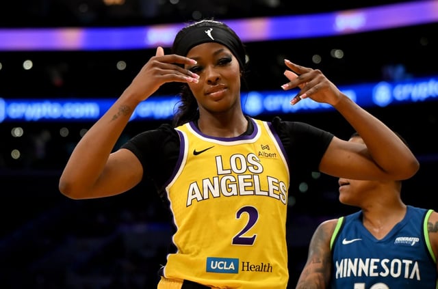 The Sparks’ Rickea Jackson reacts after a play against the Minnesota Lynx on May 18, 2025, at Crypto.com Arena. (Photo by Libby Cline-Birmingham, Contributing Photographer)