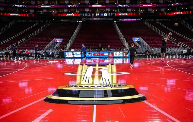 The Houston Rockets&#39; new red court for NBA Cup play during warmups before an NBA basketball game at Toyota Center on Friday, Nov. 15, 2024, in Houston. The Rockets are one of three playoff teams to join the Spurs in Group C for the Emirates NBA Cup 2025, along with the Golden State Warriors and Denver Nuggets.