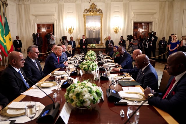 Senegal's President Bassirou Diomaye Faye, Guinea-Bissau's President Umaro Sissoco, Mauritania's President Mohamed Ould Ghazouani, Liberian President Joseph Boakai and Gabon's President Brice Oligui Nguema attend a lunch for African representatives of Gabon, Guinea-Bissau, Liberia, Mauritania, and Senegal hosted by U.S. President Donald Trump in the State Dining Room at the White House in Washington, D.C., U.S., July 9, 2025. REUTERS/Kevin Lamarque