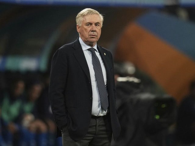 Brazil's coach Carlo Ancelotti looks on during a World Cup 2026 qualifying soccer match against Paraguay at Neo Quimica Arena in Sao Paulo, Tuesday, June 10, 2025.