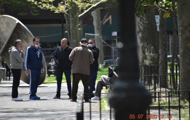 Photograph captured May 2020 by investigators shows Anthony Villani meeting with members of the Luchese family outside to avoid eavesdropping and electronic surveillance, according to authorities.