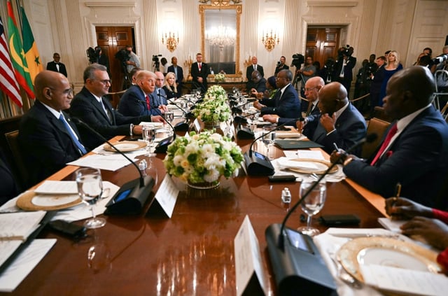 Le président américain Donald Trump (troisième en partant de la gauche) écoute le président libérien Joseph Boakai (deuxième en partant de la droite), lors d'un déjeuner à la Maison Blanche, à Washington, le 9 juillet 2025