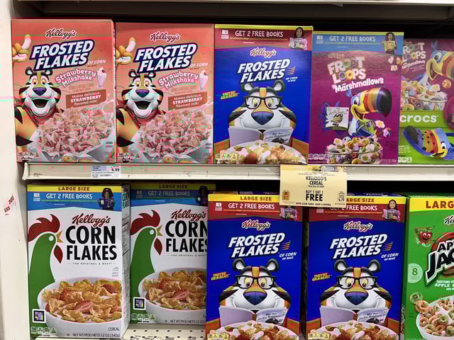 Kellogg's cereals on display at a Key Foods grocery store, Queens, New York, in August 2024.