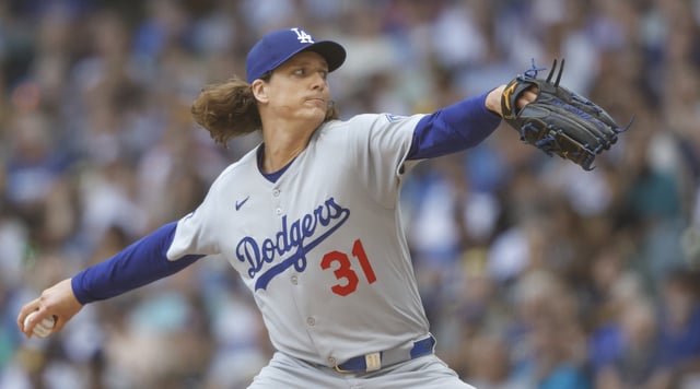 Dodgers starting pitcher Tyler Glasnow throws to the plate during the first inning of their game against the Milwaukee Brewers on Wednesday in Milwaukee. (AP Photo/Jeffrey Phelps)