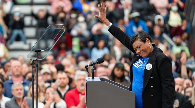 National Education Association President Rebecca Pringle speaks during the Get Out the Vote Rally in Detroit in 2022. (Dominick Sokotoff/SOPA Images/LightRocket via Getty Images)