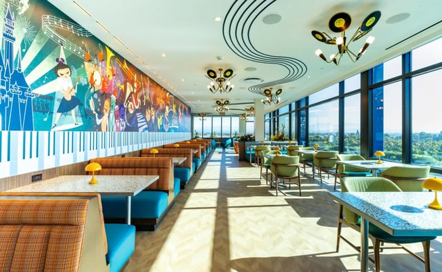 A 50-foot-wide music-themed mural in the High Key Club concierge lounge at the Disneyland Hotel. (Courtesy of Disneyland)