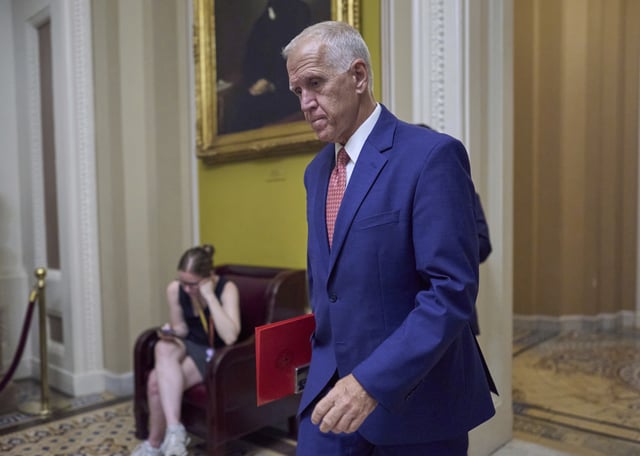 Sen. Thom Tillis, R-N.C., walks to the chamber as senators arrive for votes and policy meetings, at the Capitol in Washington, June 17, 2025.