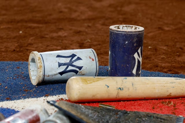 WASHINGTON, DC - AUGUST 28: A detail view of a bat weight with a New York Yankees logo during a game against the Washington Nationals at Nationals Park on August 28, 2024 in Washington, DC.
