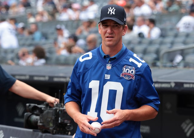 Aug 4, 2024; Bronx, New York, USA; New York Giants former quarterback Eli Manning prepares to throw out the first pitch before the game between the New York Yankees and the Toronto Blue Jays at Yankee Stadium. Mandatory Credit: Vincent Carchietta-USA TODAY Sports/File Photo