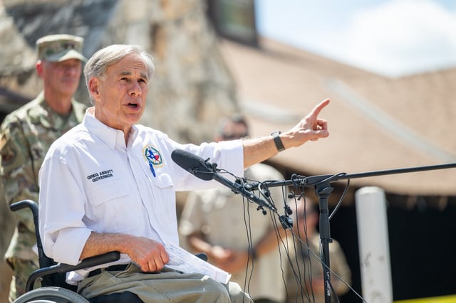 Gov. Greg Abbott during a news conference, in Hunt, Texas, on July 8, 2025.