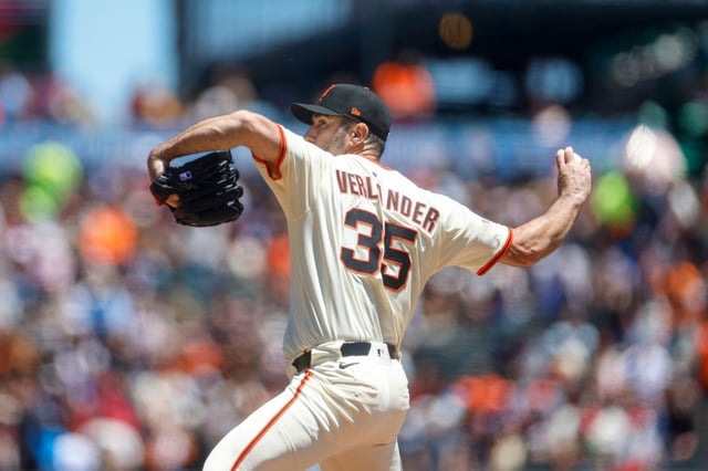 San Francisco Giants’ Justin Verlander (35) pitches against the Philadelphia Phillies in the first inning at Oracle Park in San Francisco, Calif., on Wednesday, July 9, 2025. (Shae Hammond/Bay Area News Group)