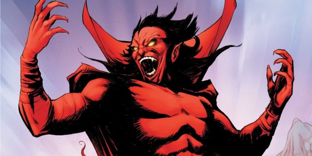 Mephisto with his collared cape, holding up his hands and expressing glee in artwork from Marvel Comics. 