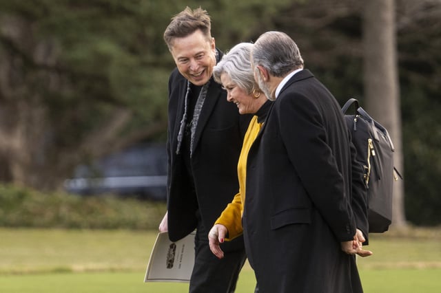 Tesla CEO Elon Musk (L) walks with US Secretary of Commerce Howard Lutnick (R) and White House Chief of Staff Susie Wiles (C) as they depart the White House in Washington, DC, on March 7, 2025.