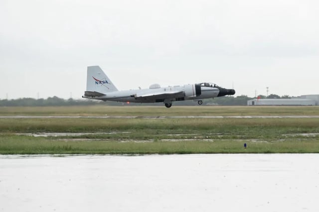 The high-altitude WB-57 aircraft departed July 8 from Ellington Field in Houston for the Hill Country. The aircraft will use take video mosaics of the area to assist with the emergency response effort.