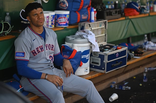 PITTSBURGH, PENNSYLVANIA - JUNE 29: Juan Soto #22 of the New York Mets looks on from the dugout in the seventh inning during the game against the Pittsburgh Pirates at PNC Park on June 29, 2025 in Pittsburgh, Pennsylvania. (Photo by Justin Berl/Getty Images)
