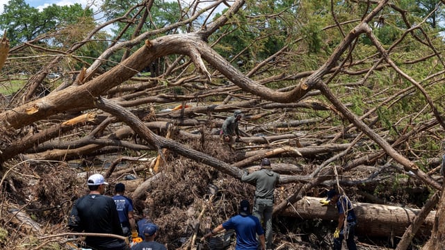 Search and rescue team members look for missing people amid fallen trees by the Guadalupe River at Camp Mystic, in Hunt, Texas, U.S.