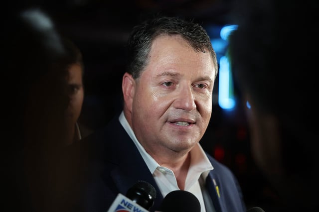 Randy Fine speaks with the media after winning the 6th District race to replace GOP former Rep. Michael Waltz on April 01, 2025 in Ormond Beach, Florida.