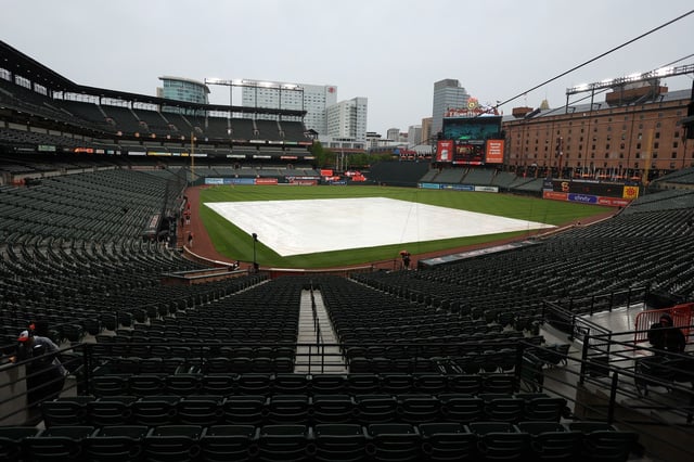 BALTIMORE, MARYLAND - MAY 27: Rain falls as the infield is covered before the St. Louis Cardinals play against the Baltimore Orioles at Oriole Park at Camden Yards on May 27, 2025 in Baltimore, Maryland. (Photo by Patrick Smith/Getty Images)