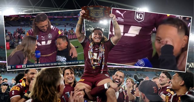 Josh Papali'i was chaired off the field by his Queensland teammates, and insets, his son Noah gives a touching on-field interview. Pictures Getty Images, Nine