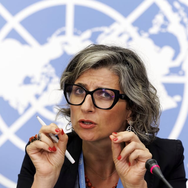FILE - Francesca Albanese, Special Rapporteur on the situation of human rights in the Palestinian territories occupied since 1967, talks to the media during a press conference at the European headquarters of the United Nations in Geneva, Switzerland, July 11, 2023. (Salvatore Di Nolfi/Keystone via AP, File)