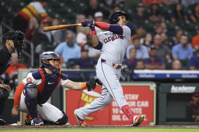 Jul 8, 2025; Houston, Texas, USA; Cleveland Guardians designated hitter Jose Ramirez (11) hits a two-run home run during the first inning against the Houston Astros at Daikin Park. Mandatory Credit: Troy Taormina-Imagn Images/File Photo
