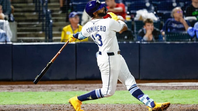 Tampa Bay Rays third baseman Junior Caminero, shown hitting a home run against the Texas Rangers in June 2025 at Steinbrenner Field in Tampa, Florida, said he plans to “put on a show” in the Home Run Derby in Atlanta. (Jefferee Woo/Tampa Bay Times/TNS)