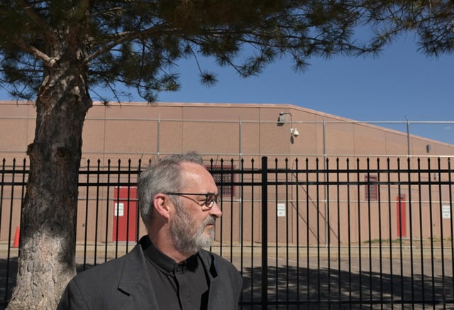 The Rev. Mike Moran joins a small group protesting activist Jeanette Vizguerra&#39;s detention by U.S. Immigration and Customs Enforcement outside the GEO Group-operated Aurora ICE Processing Center in Aurora on March 18, 2025. Vizguerra was detained by ICE agents on Monday and placed in the facility. (Photo by RJ Sangosti/The Denver Post)