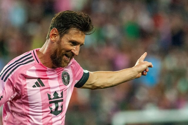 Inter Miami's Argentine forward Lionel Messi celebrates after scoring a second goal in Miami's 2-1 Major League Soccer win over the New England Revolution